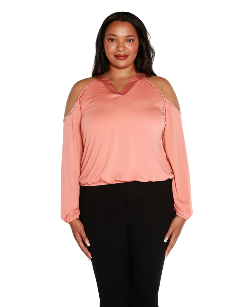 Front of a model wearing a size 1X Studded Cold-Shoulder Top in Desert Sand by Belldini Black Label. | dia_product_style_image_id:309854